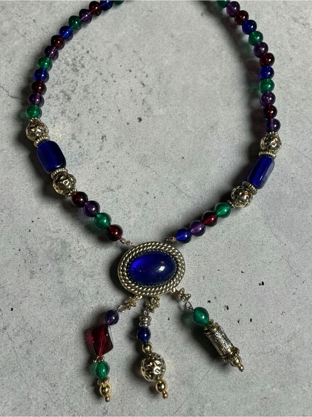 Gold-Tone Multicolor Beaded Necklace with Cobalt Blue Center Pendant